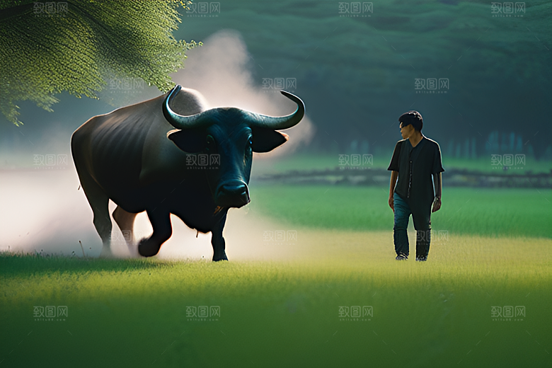 美景中的男人与水牛漫步