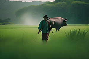 男人与水牛在草地上漫步