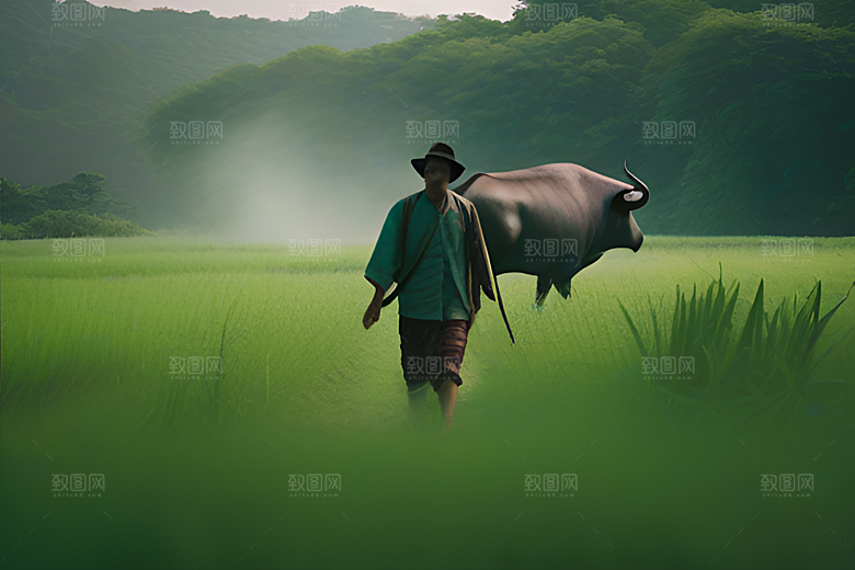 男人与水牛在草地上漫步