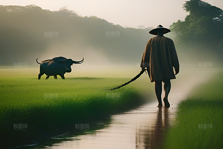 美景中的男人与水牛漫步