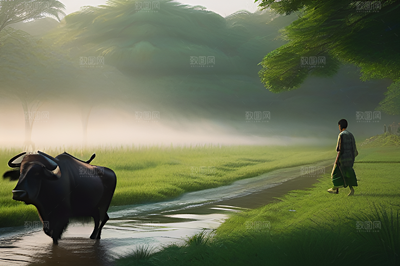 男人与水牛在草地上漫步