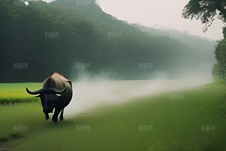 美景中的男人与水牛漫步