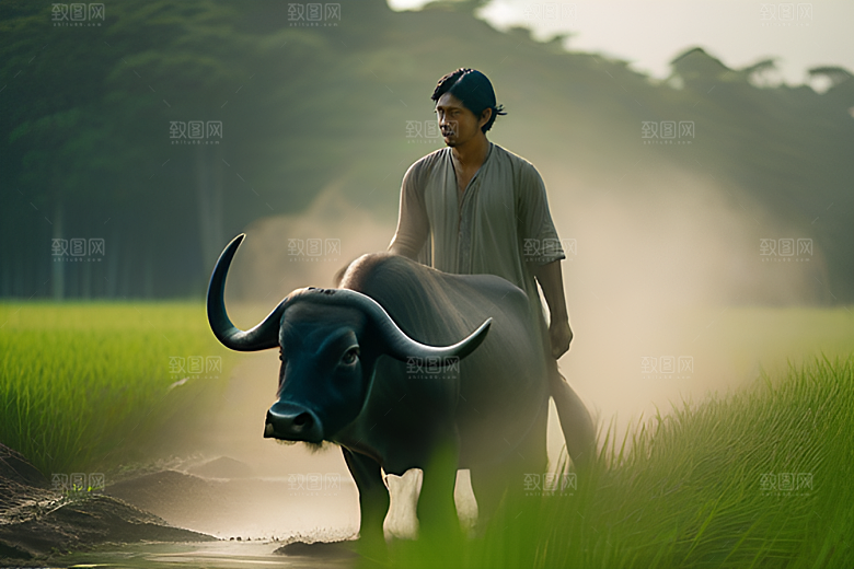 美景中的男人与水牛漫步