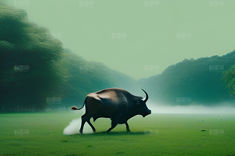 美景中的男人与水牛漫步