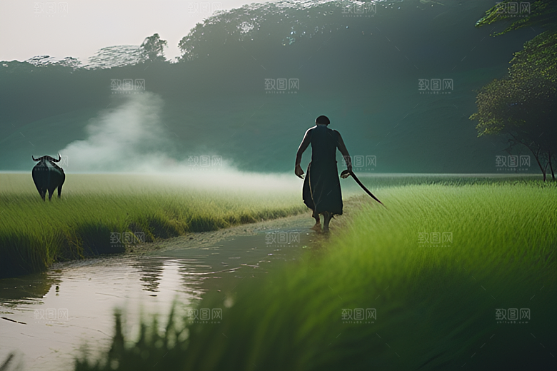 树木掩映的绿草田野中的男人和水牛