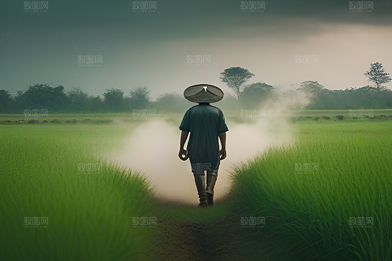 树木掩映的绿草田野中的男人和水牛
