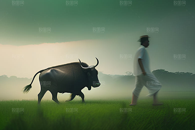 男人与水牛在草地上漫步