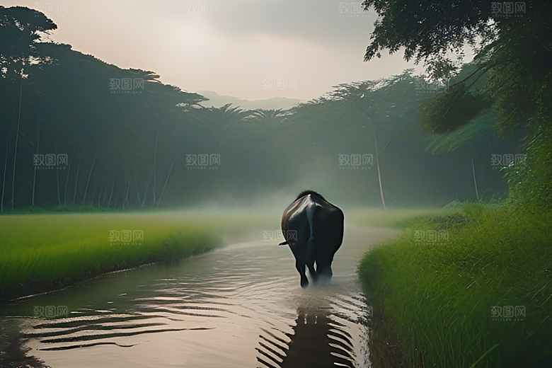男人与水牛在草地上漫步