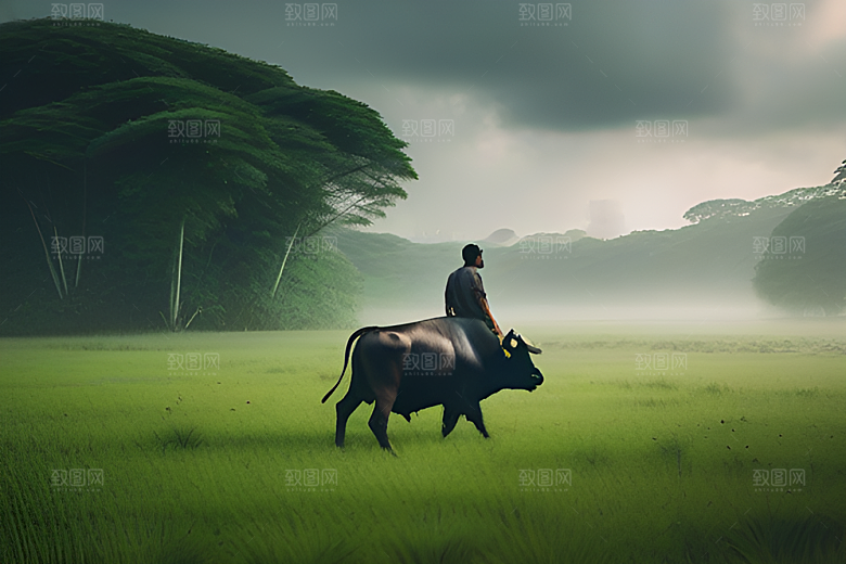 男人与水牛在草地上漫步