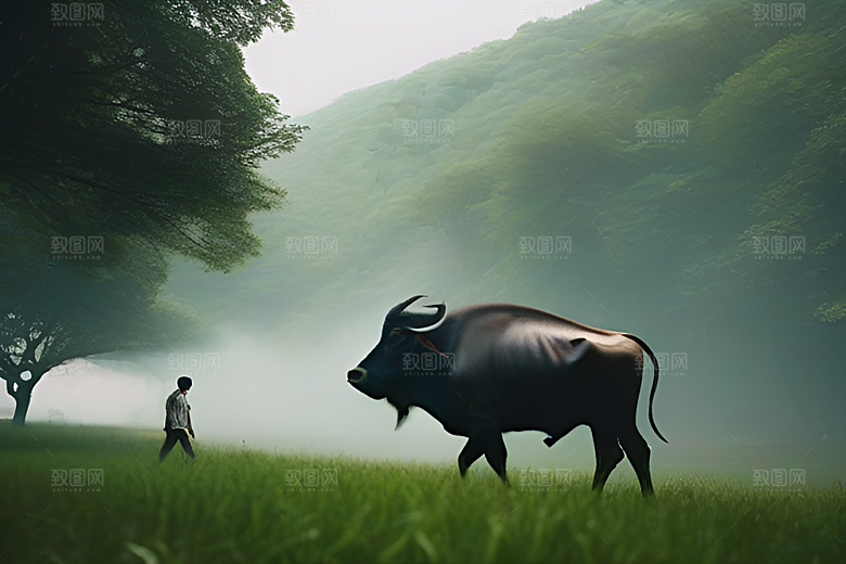 青翠的绿草地上男人与水牛同行