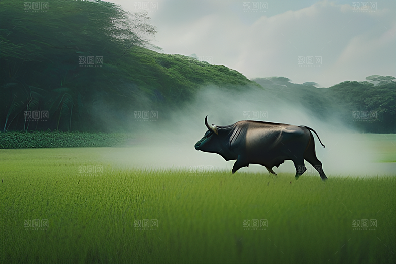 青翠的绿草地上男人与水牛同行
