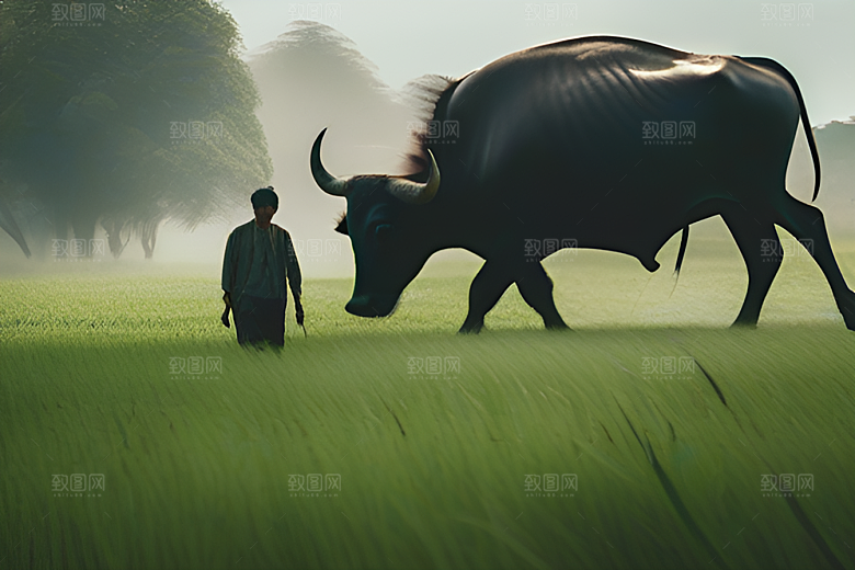 青翠的绿草地上男人与水牛同行