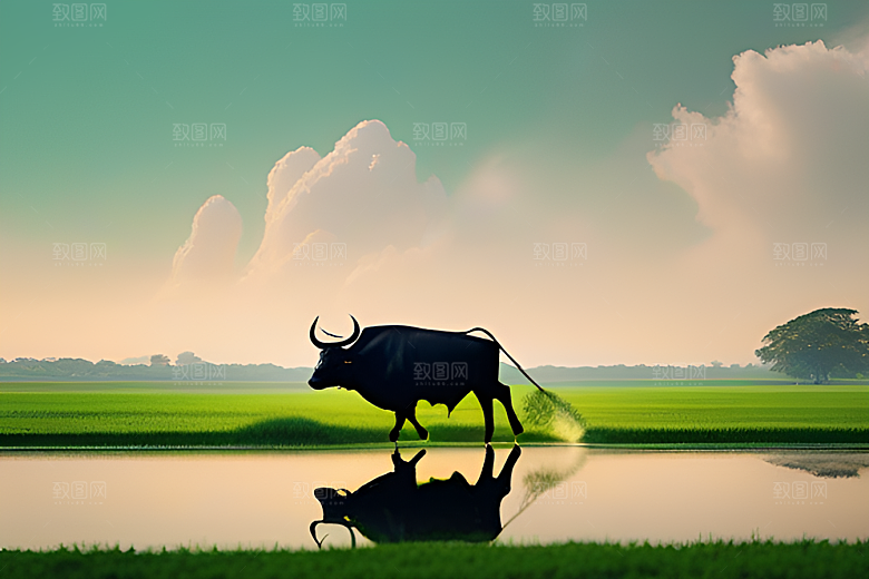 青翠的绿草地上男人与水牛同行