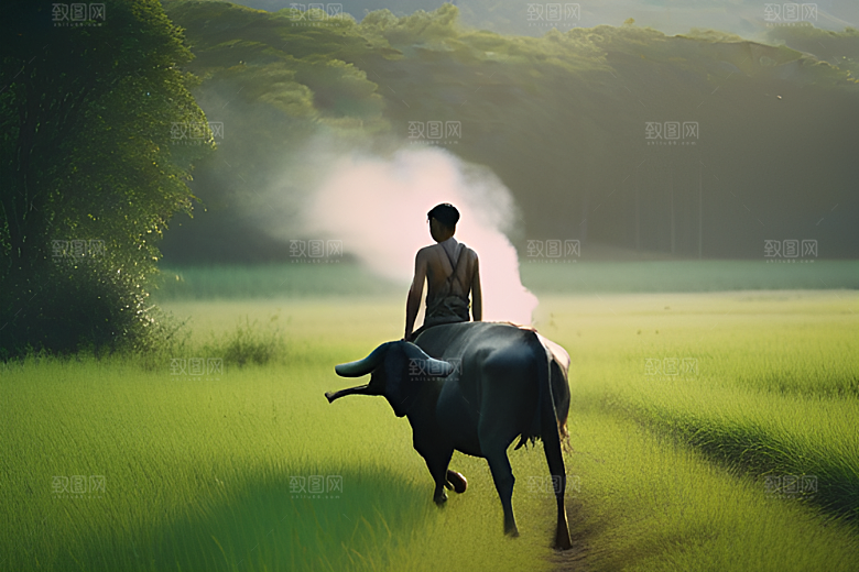青翠的绿草地上男人与水牛同行