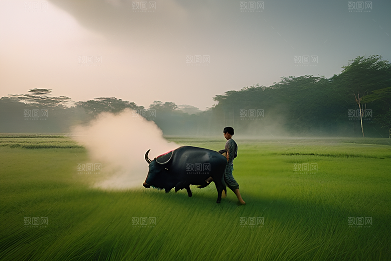 青翠的绿草地上男人与水牛同行