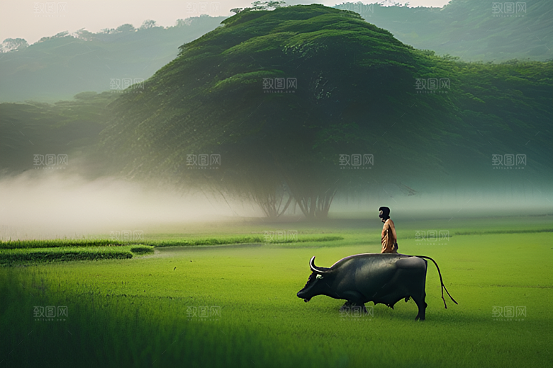 青翠的绿草地上男人与水牛同行