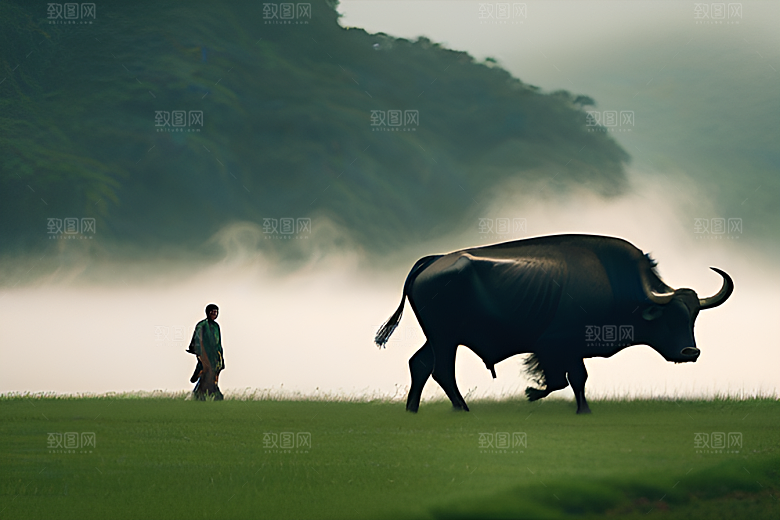 青翠的绿草地上男人与水牛同行