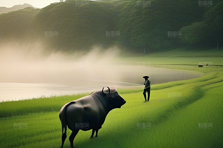 绿草和树木点缀的田野中的男人与水牛