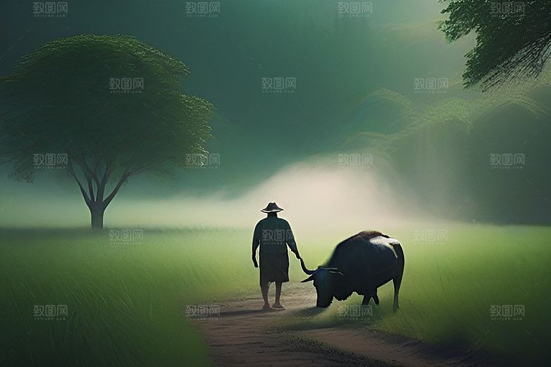 绿草和树木点缀的田野中的男人与水牛