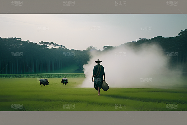 男人和水牛在绿草地上漫步