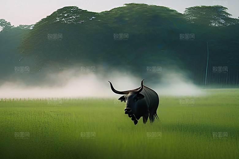 男人和水牛在绿草地上漫步