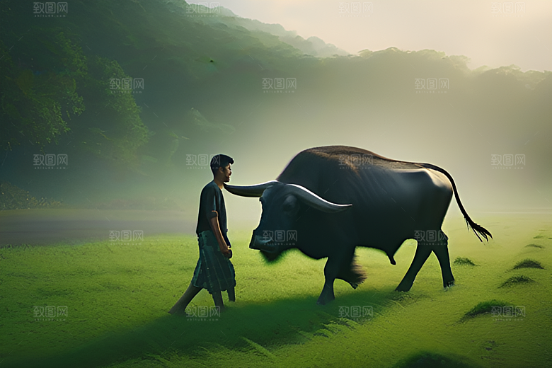 男人和水牛在绿草地上漫步