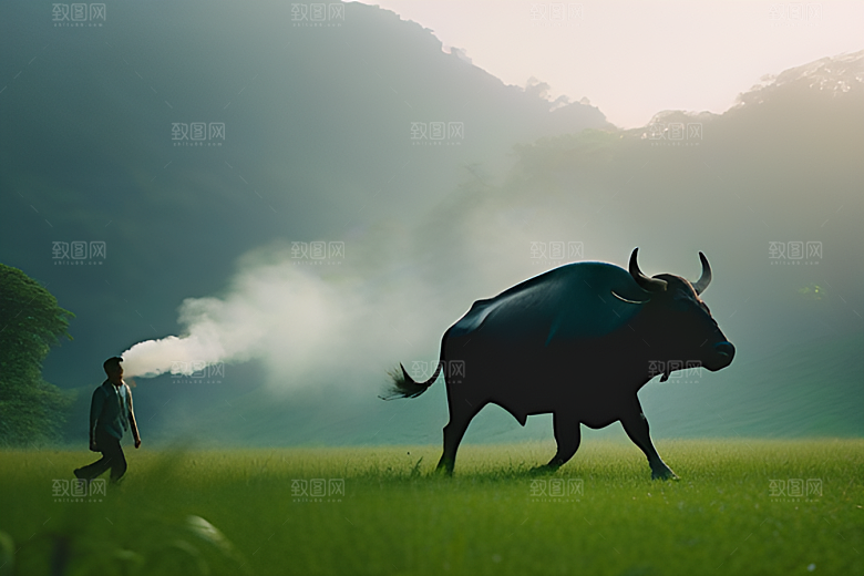 男人和水牛在绿草地上漫步