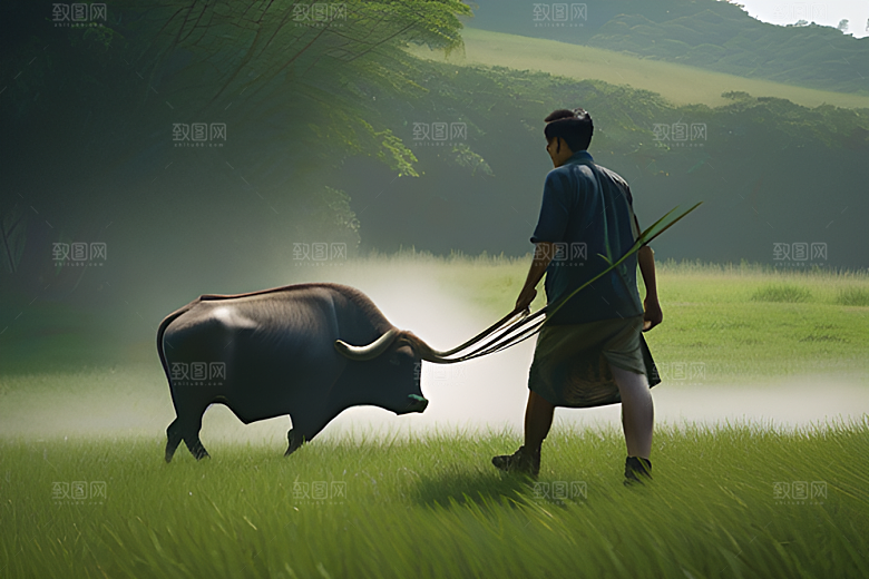男人和水牛在绿草地上漫步
