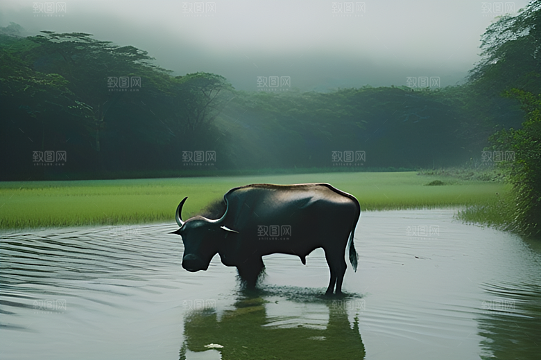 男人和水牛在绿草地上漫步