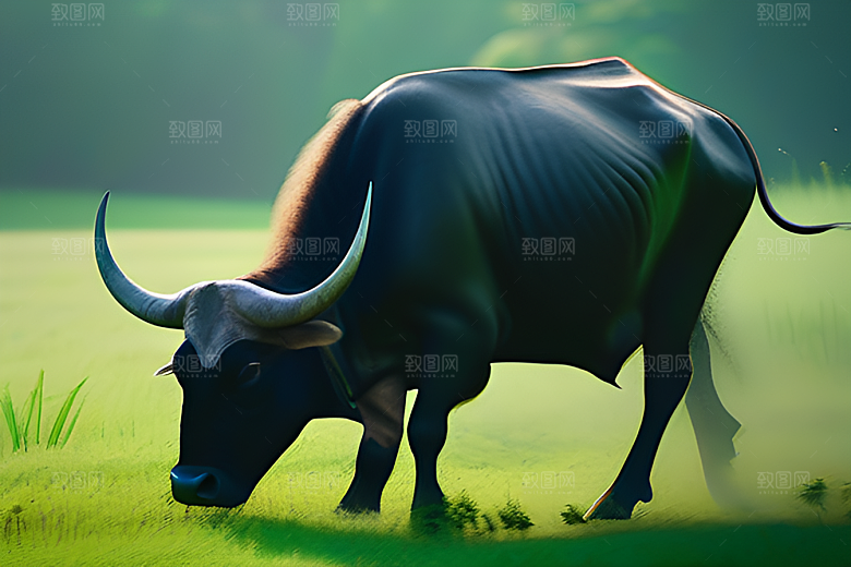 男人和水牛在绿草地上漫步