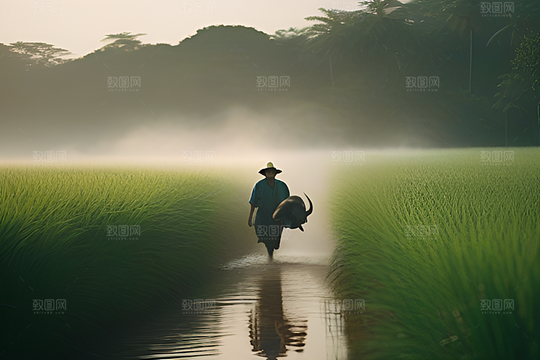 在树木环绕的田野中男人与水牛漫步