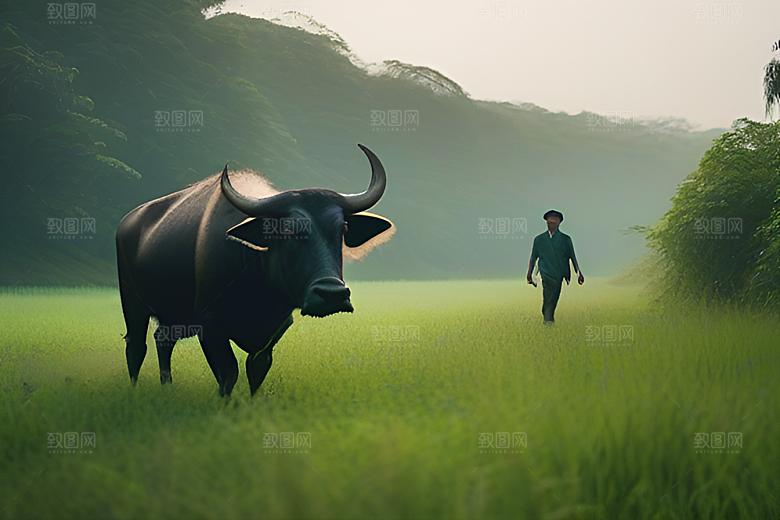 美丽的绿草田野中的男人和水牛
