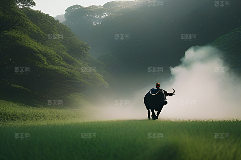 男人与水牛穿越绿草田野