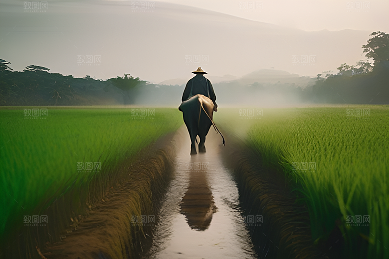 男人与水牛穿越绿草田野