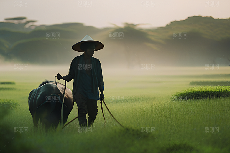 男人与水牛穿越绿草田野