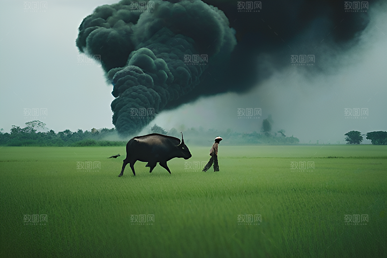 男人与水牛穿越绿草田野