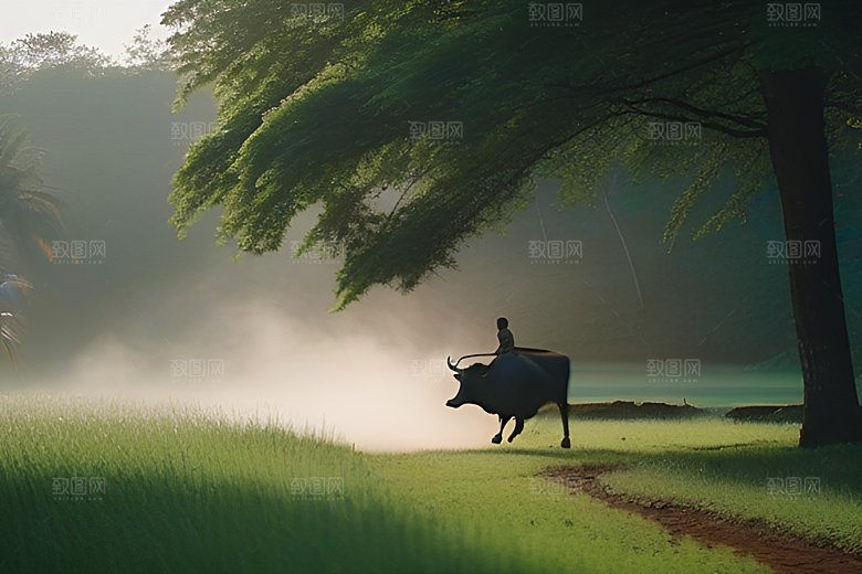 男人与水牛穿越绿草田野