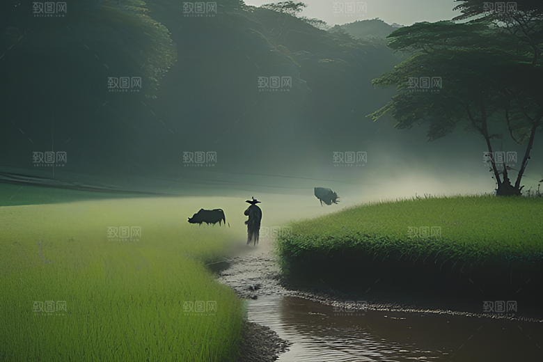 男人与水牛穿越绿草田野
