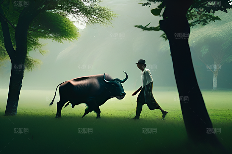 男人与水牛穿越绿草田野