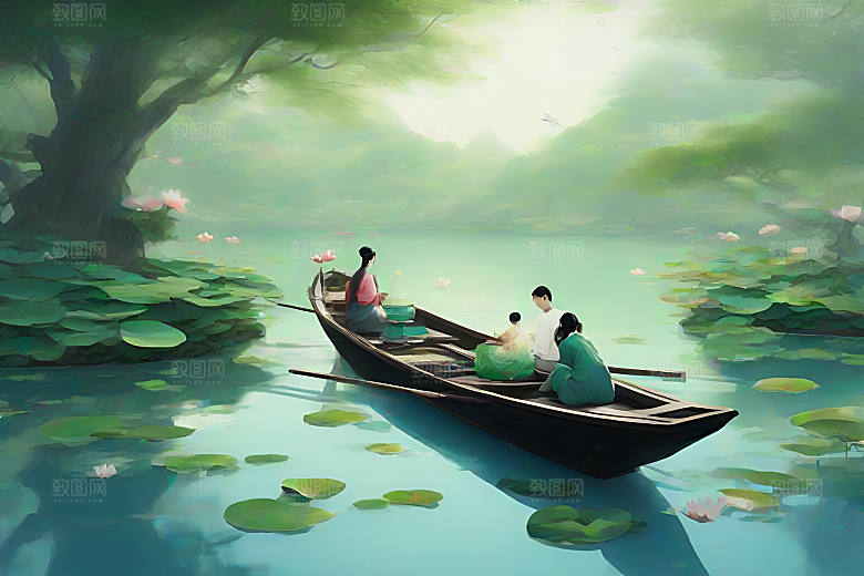 水墨夏日船上观荷