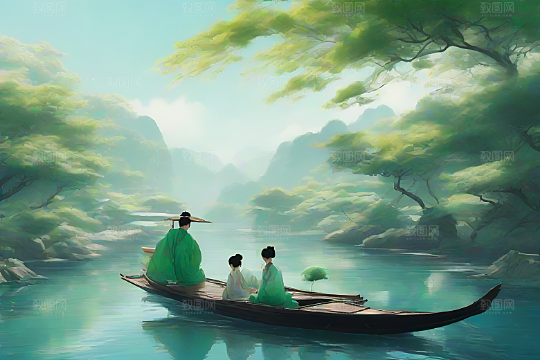 水墨夏日船上观荷