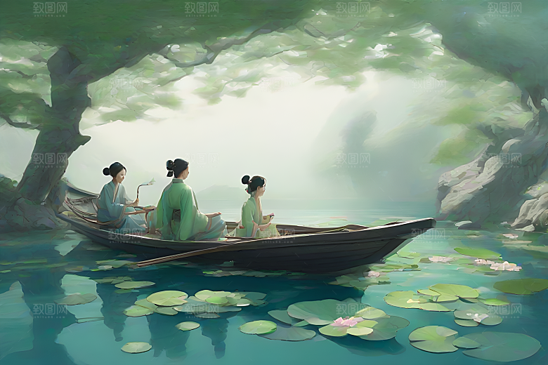 水墨夏日船上观荷
