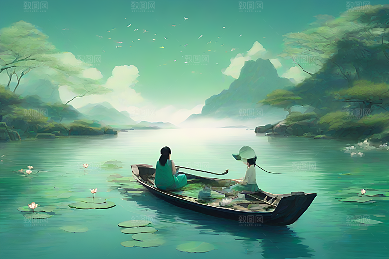 水墨画中的夏日风情波光荷花船行