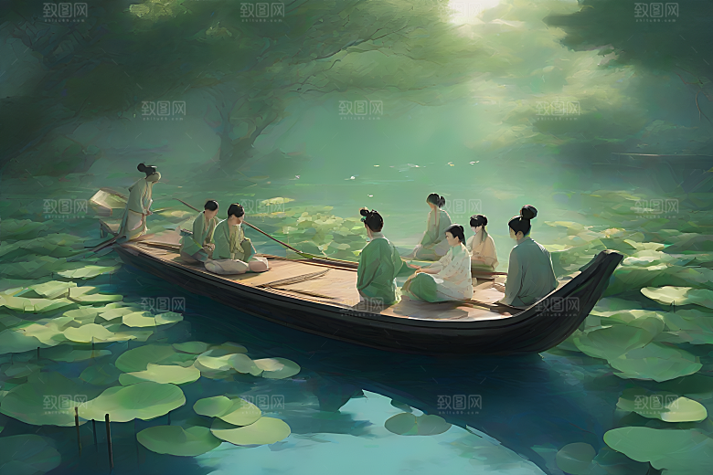 水墨画中的夏日风情波光荷花船行