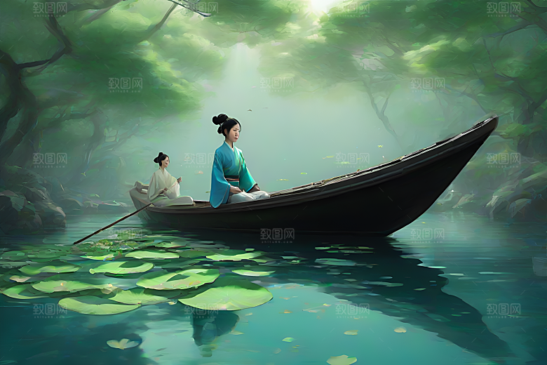 水墨画中的夏日风情波光荷花船行