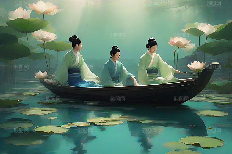 水墨画中的夏日风情波光荷花船行