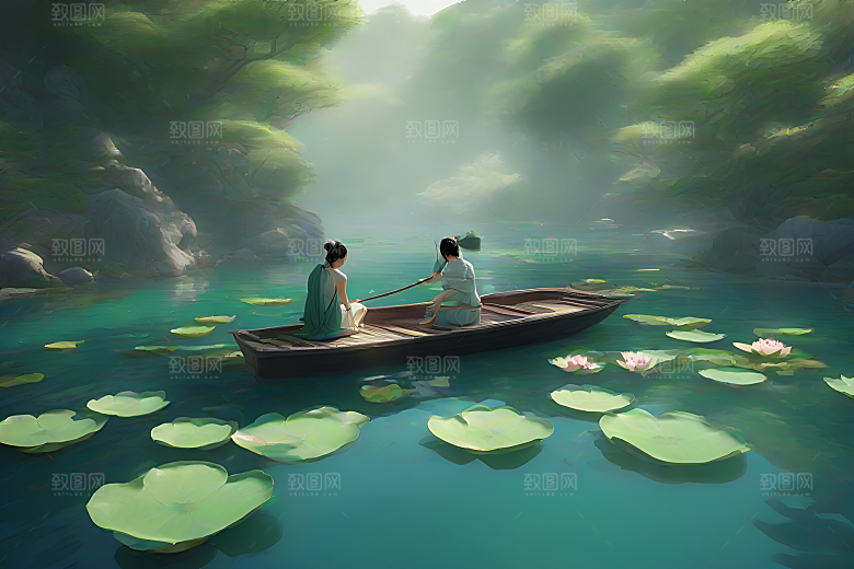 水墨画中的夏日风情波光荷花船行