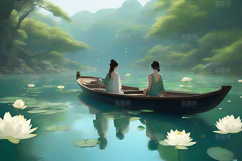 船上赏荷中国水墨呼吸仇英的风格