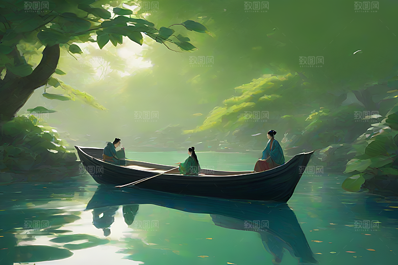 船上赏荷中国水墨呼吸仇英的风格
