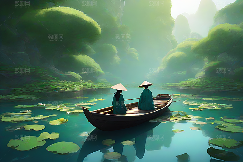 船上赏荷中国水墨呼吸仇英的风格